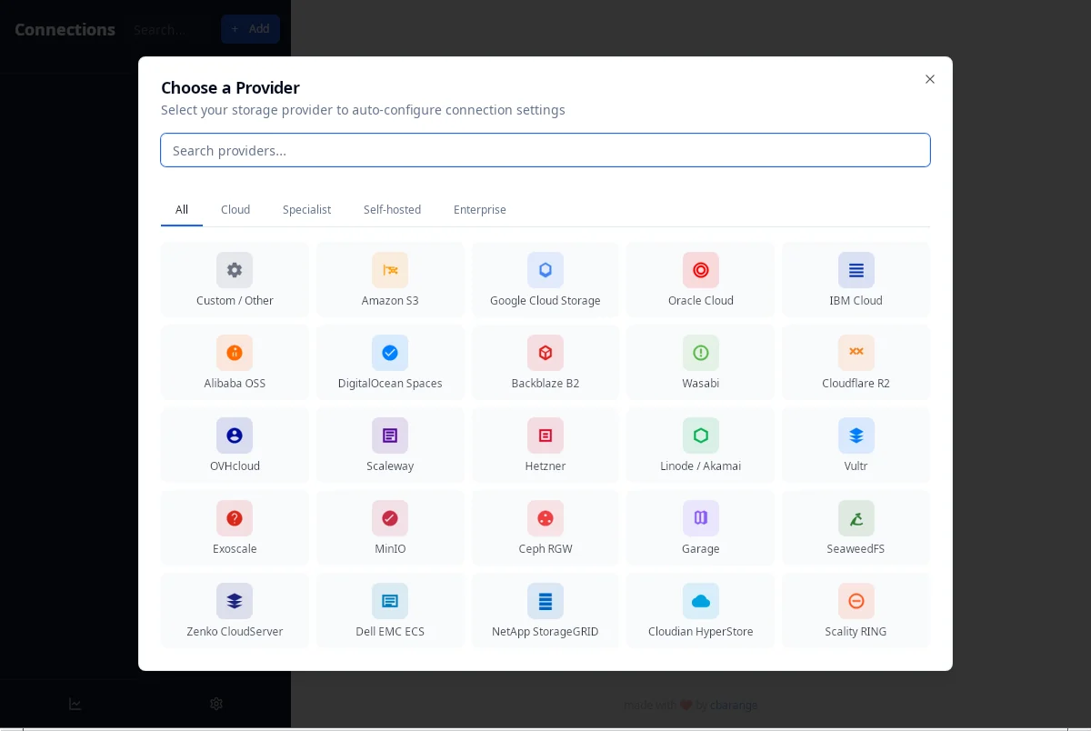 S3 Explorer provider picker with 25 presets, filter tabs for Cloud, Specialist, Self-hosted and Enterprise