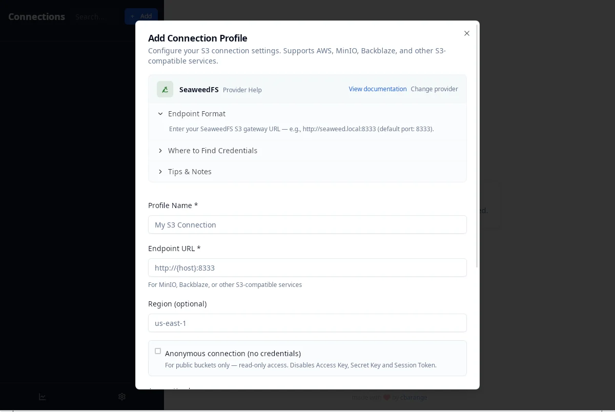 Connection form pre-configured for SeaweedFS with endpoint URL, region, credentials and path-style addressing