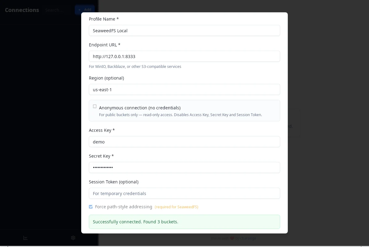 Successful connection test showing Found 3 buckets before saving the profile