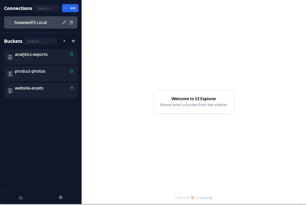 Sidebar listing the SeaweedFS connection and three buckets under it