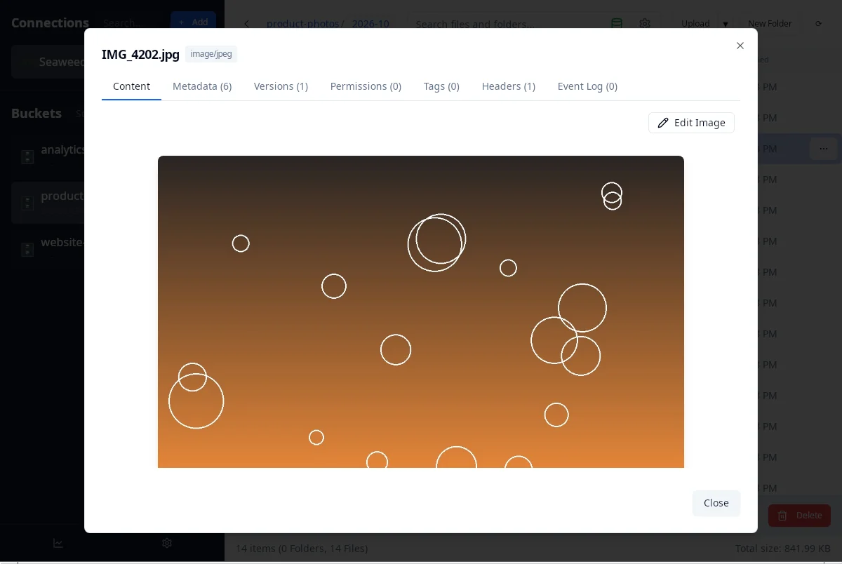Object preview modal with Content, Metadata, Versions, Permissions, Tags, Headers and Event Log tabs