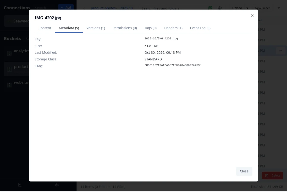 Metadata tab showing object key, size, last modified date, storage class STANDARD and ETag